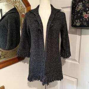 Y2K Marisa Christina Dark Charcoal Grey Fringe Trimmed Toggle Clasp Sweater S